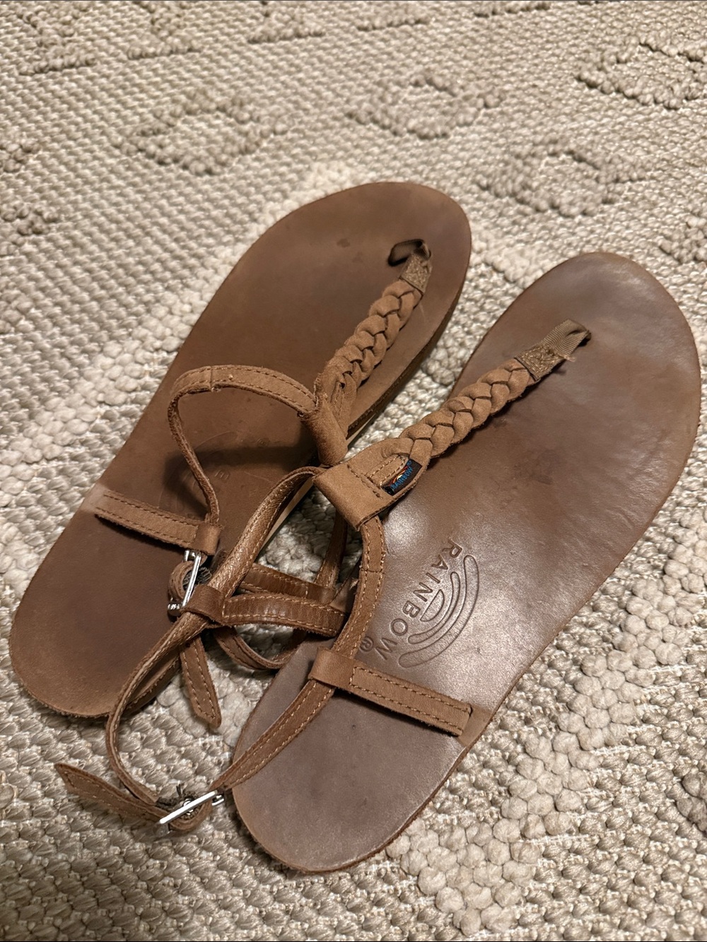 Rainbow Brown Braided Leather Thong Sandals